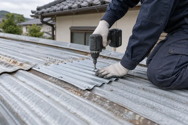 トタン屋根の補修作業