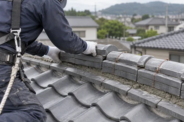 棟瓦を積み直す作業