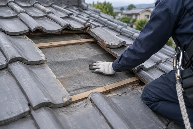 屋根の下地を確認する作業