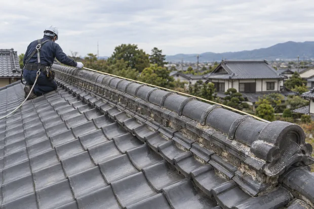 棟の全長を確認する作業