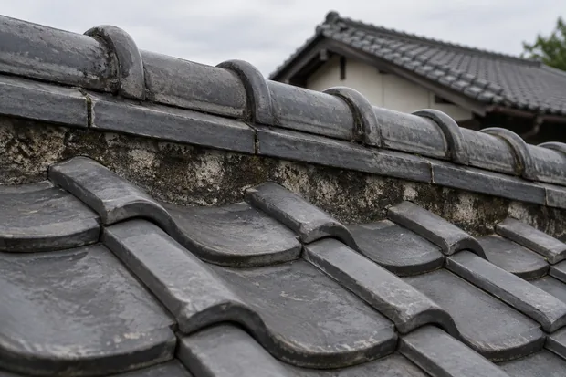 黒ずんだ棟の漆喰