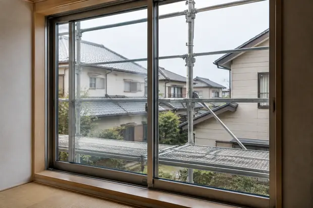 室内の窓から見た足場のある住宅